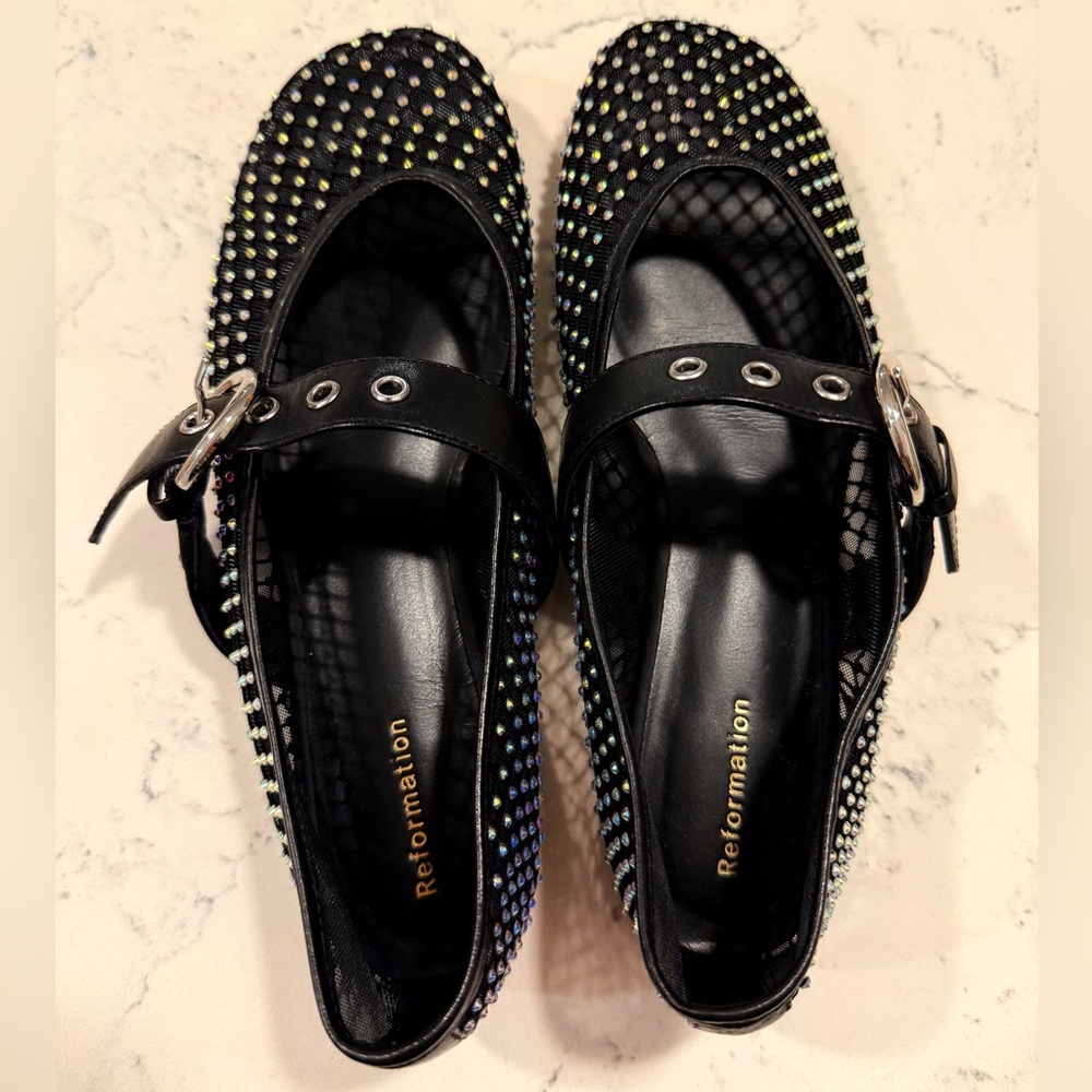 Reformation Bethany Mary Jane Ballet flats black crystal leather trim size 6